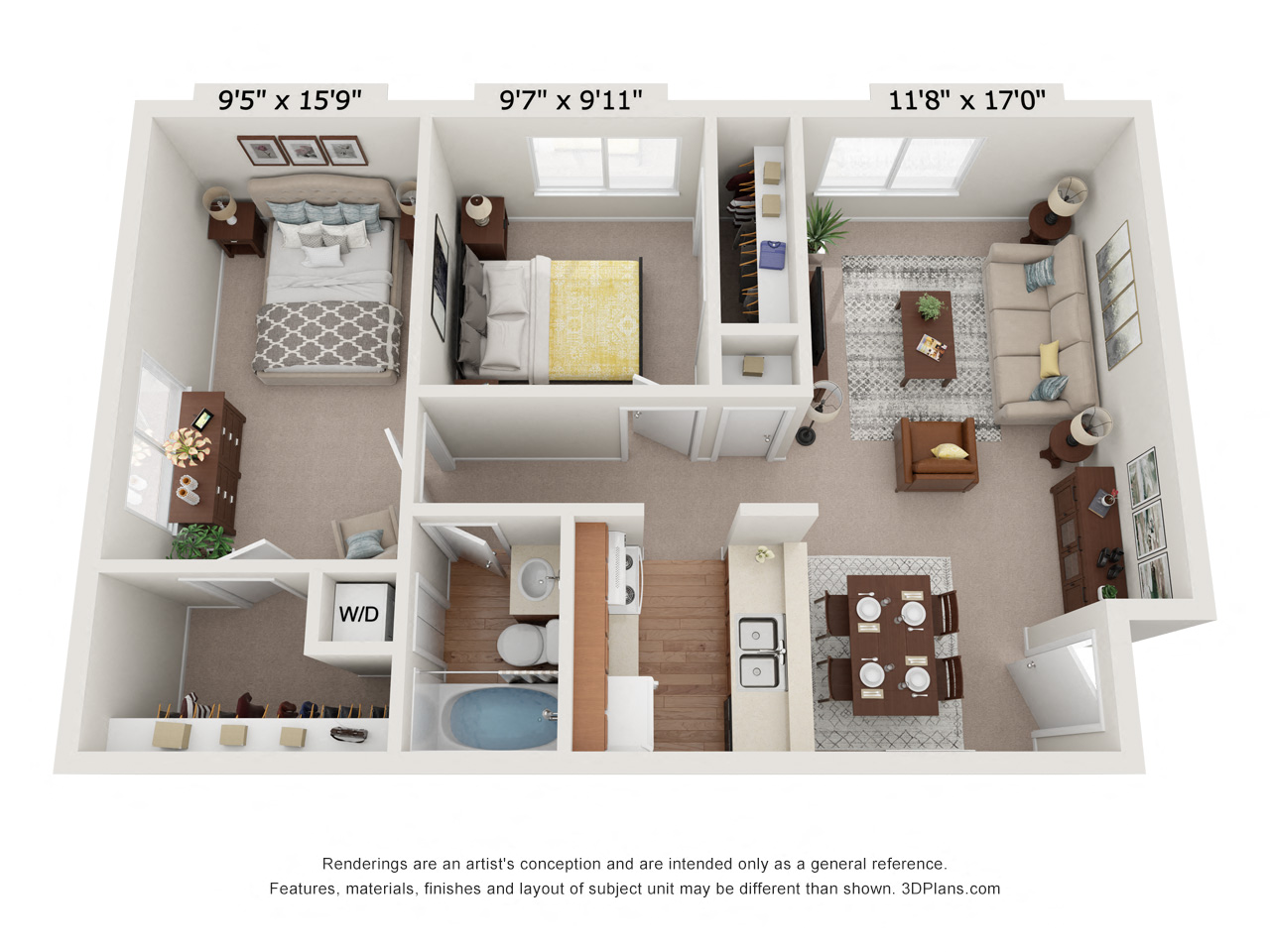 Floor plan for 2 beds, 1 bath, 792 sqft